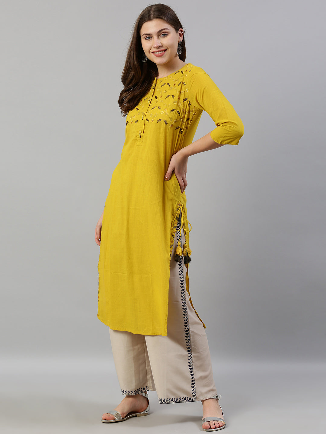 Neerus Women Yellow Embroidered Straight Kurta