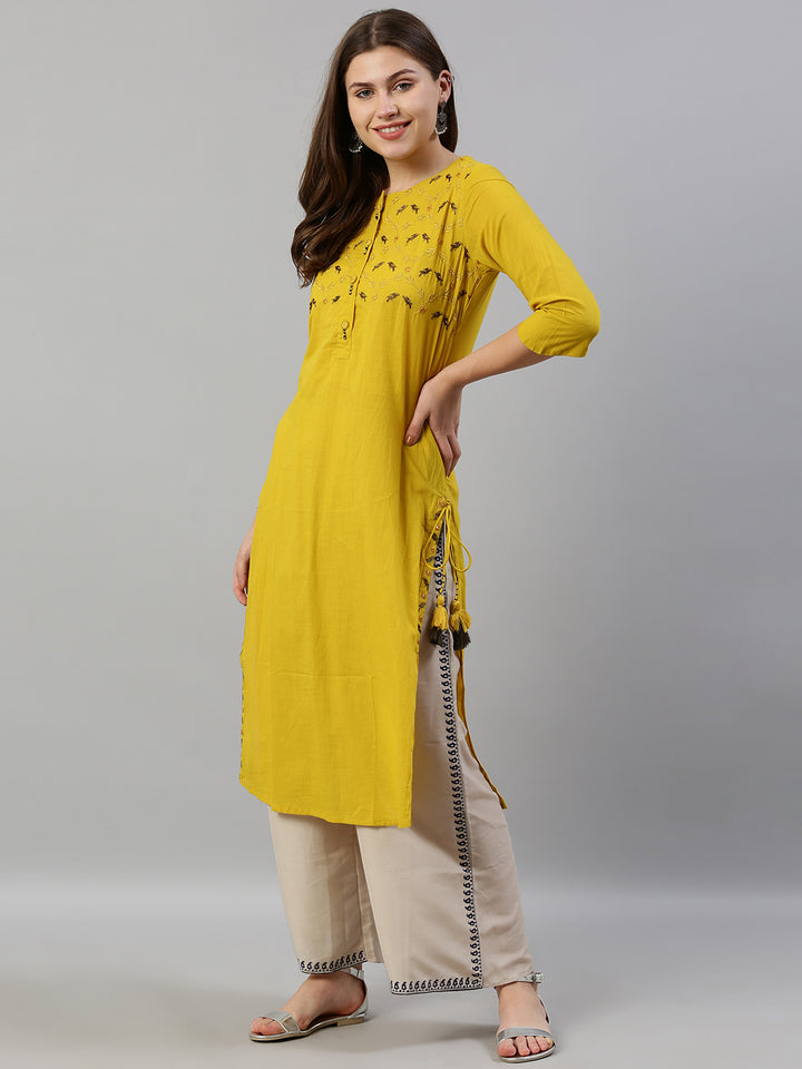 Neerus Women Yellow Embroidered Straight Kurta