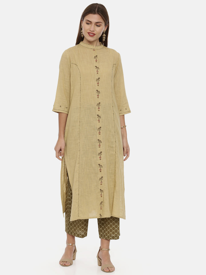 Neerus Beige Embroidered A Line Kurta