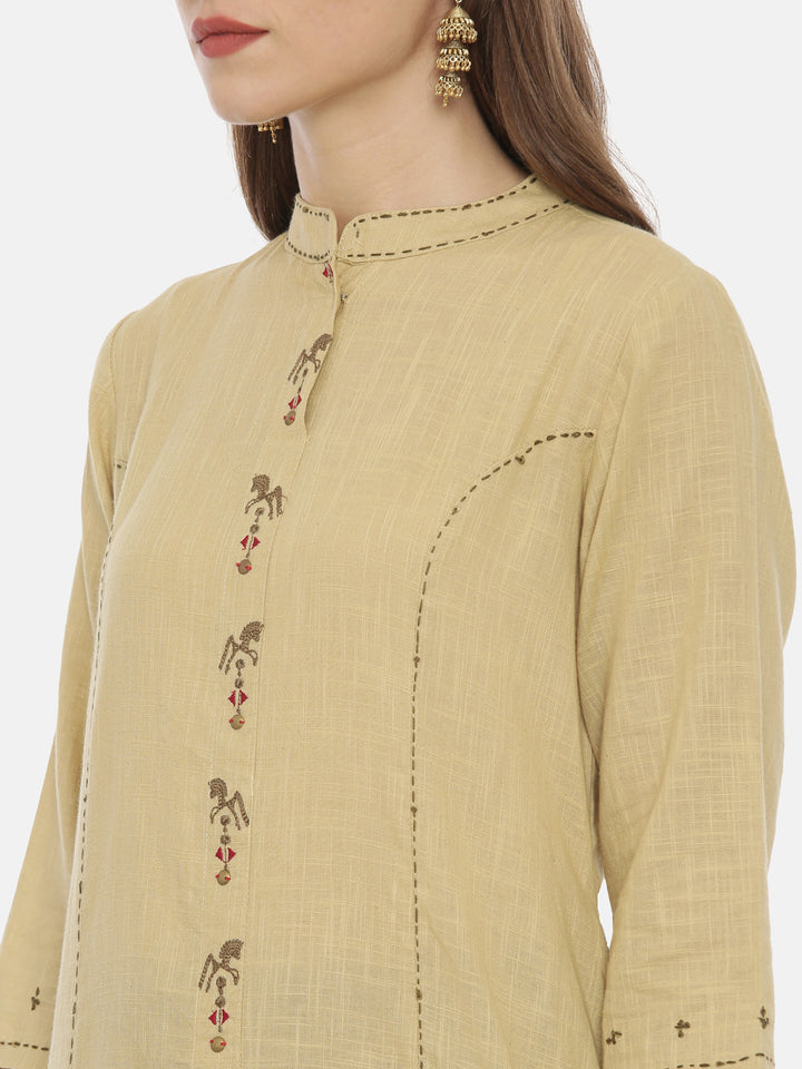 Neerus Beige Embroidered A Line Kurta
