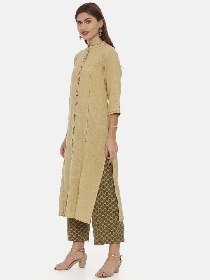 Neerus Beige Embroidered A Line Kurta