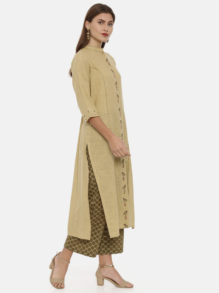Neerus Beige Embroidered A Line Kurta