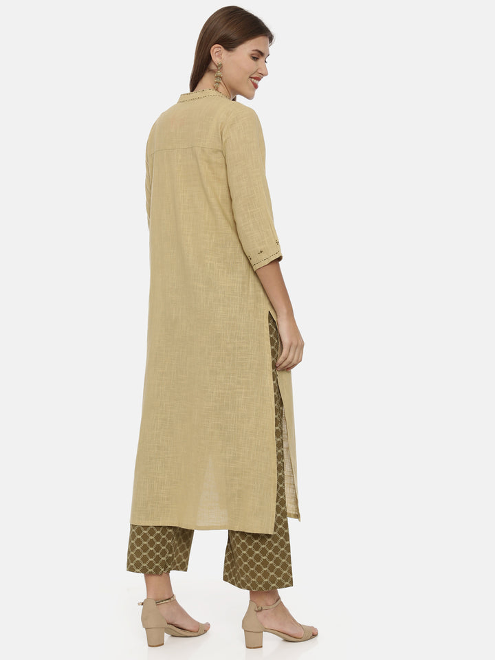 Neerus Beige Embroidered A Line Kurta