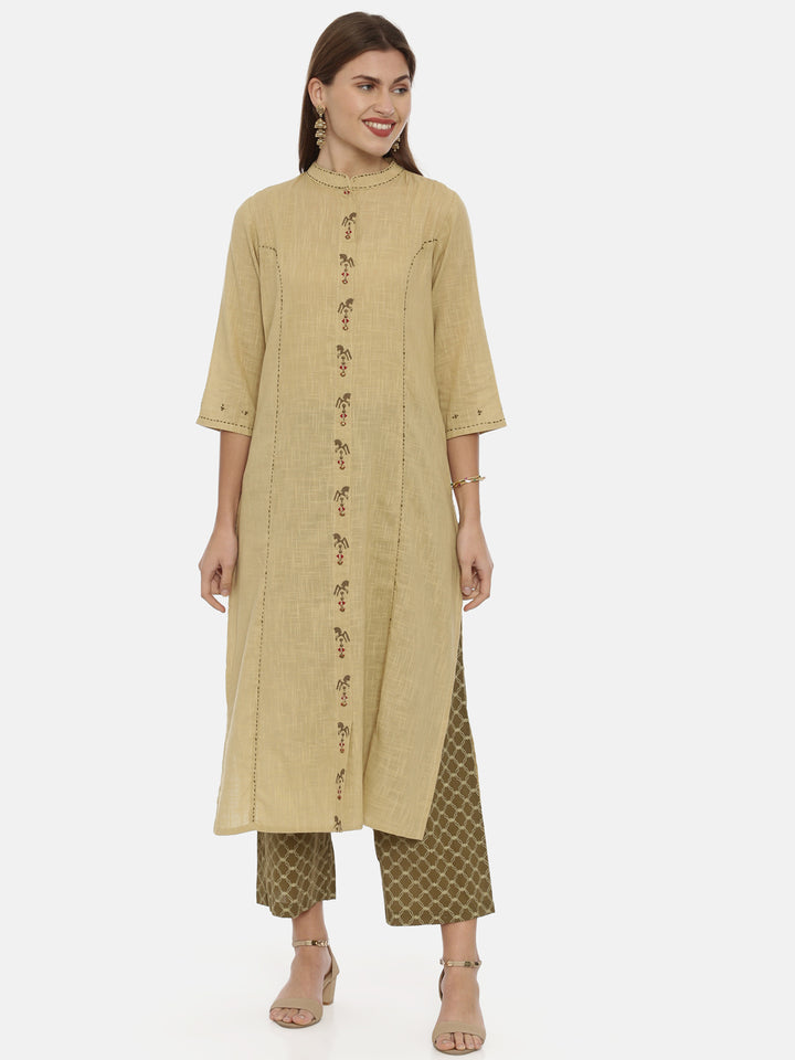 Neerus Beige Embroidered A Line Kurta