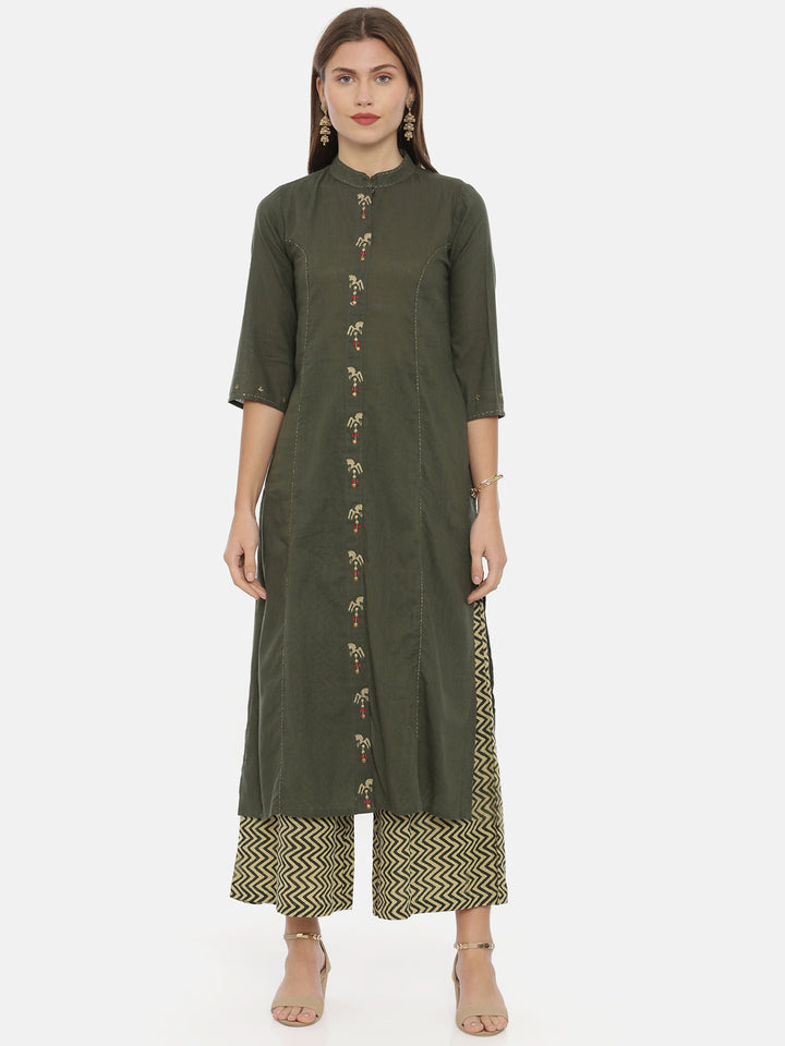 Neerus Olive Embroidered A Line Kurta