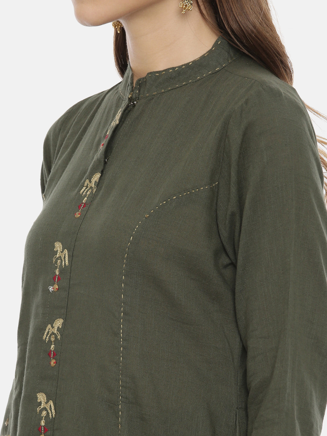 Neerus Olive Embroidered A Line Kurta