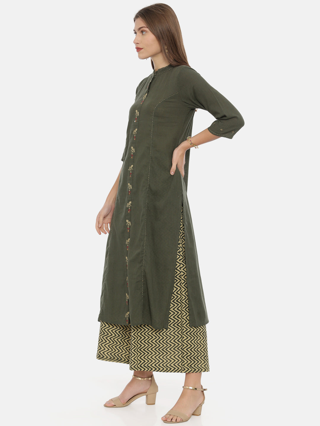 Neerus Olive Embroidered A Line Kurta