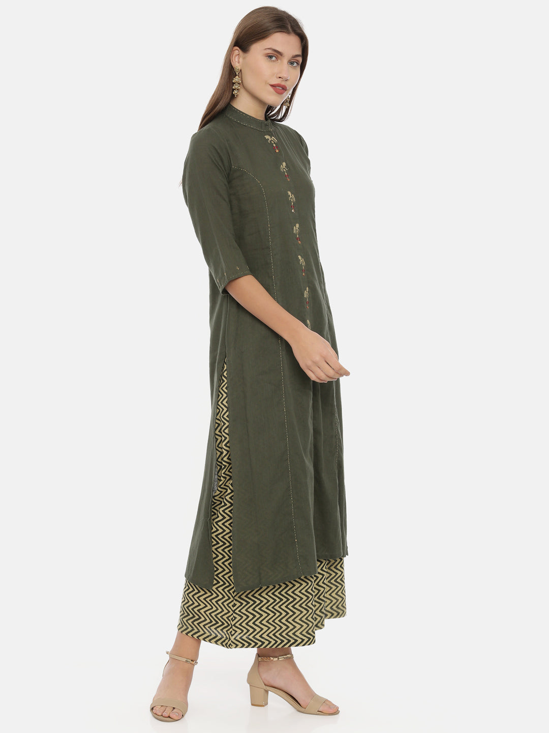 Neerus Olive Embroidered A Line Kurta