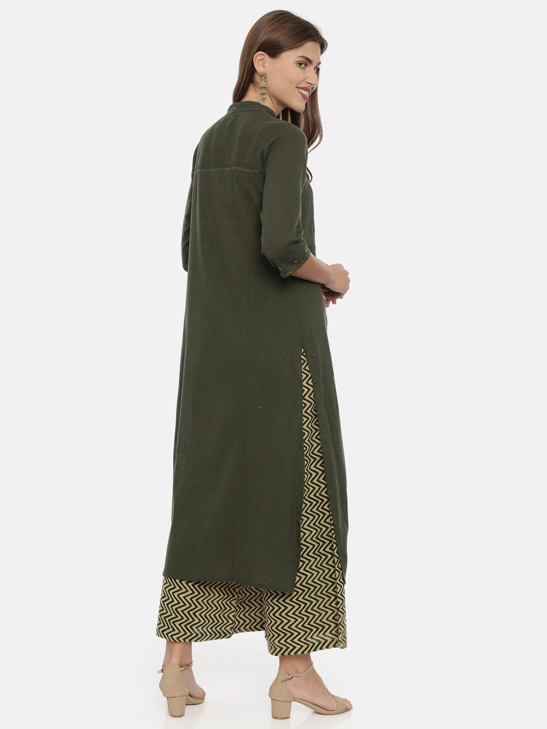Neerus Olive Embroidered A Line Kurta