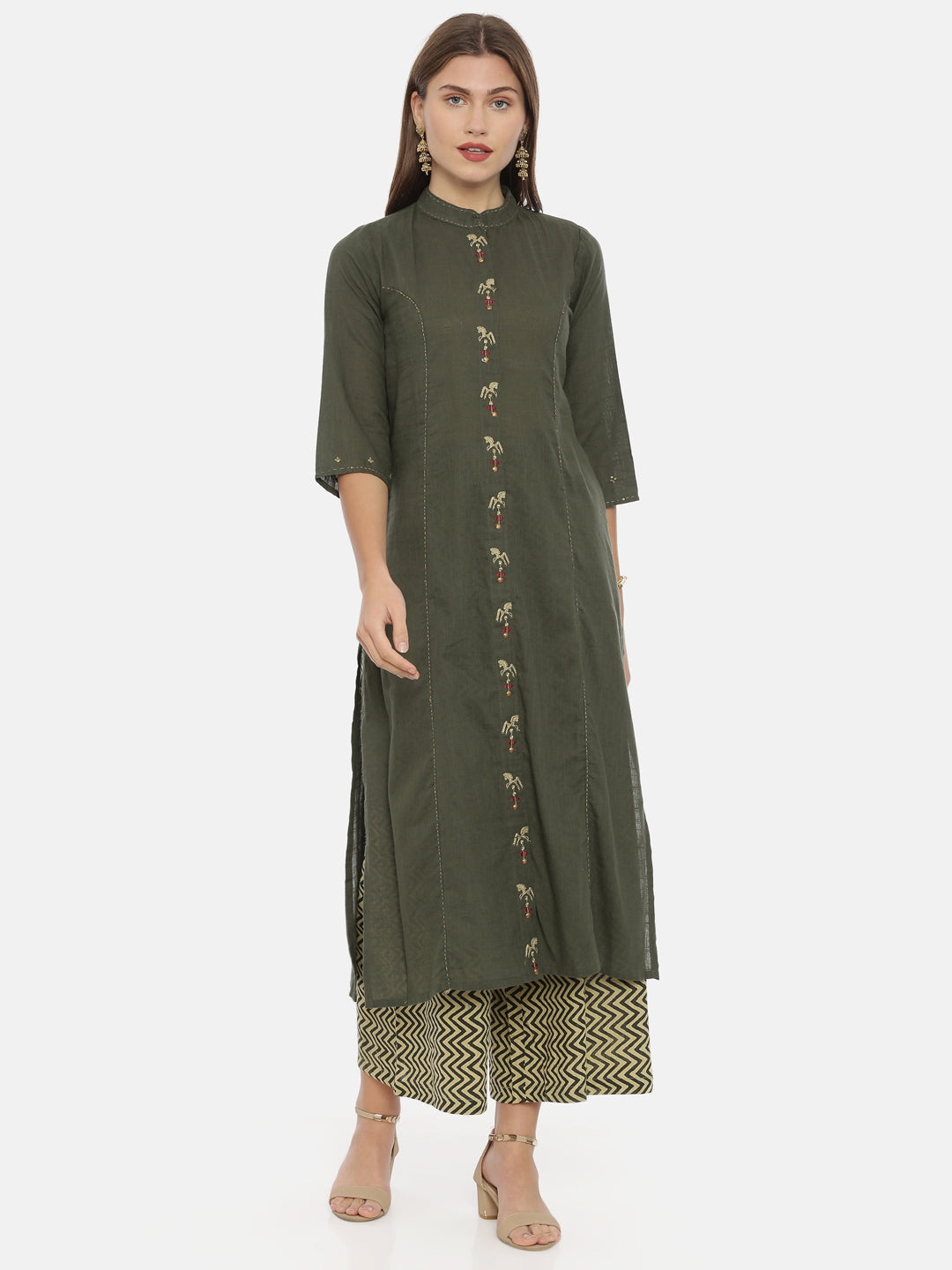Neerus Olive Embroidered A Line Kurta