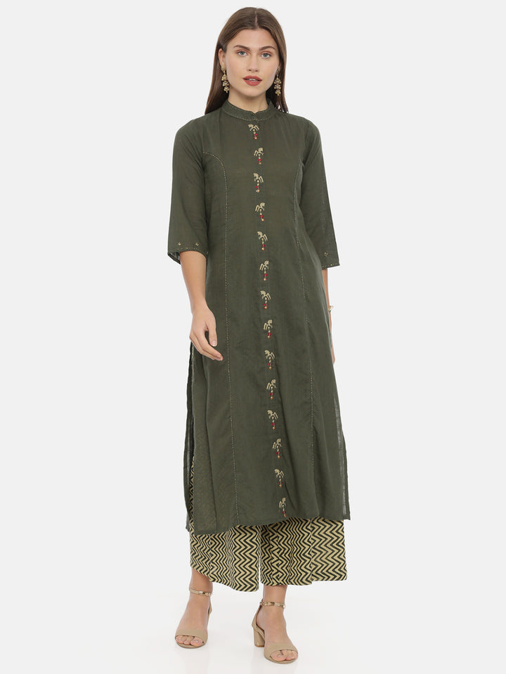 Neerus Olive Embroidered A Line Kurta