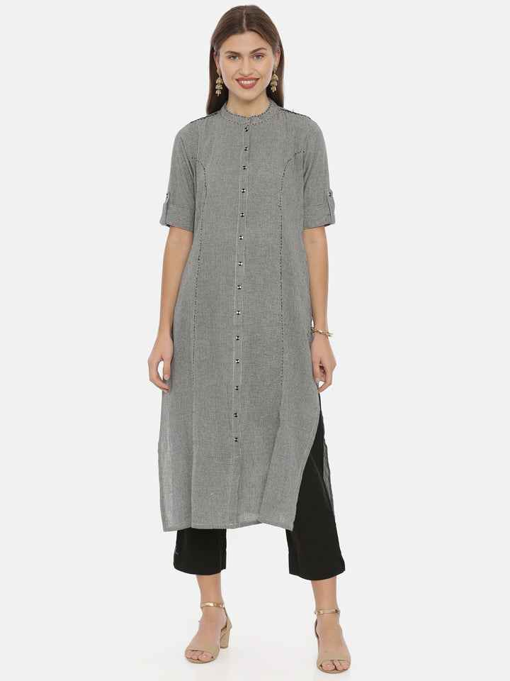 Neerus Grey cotton A-line kurta - front view