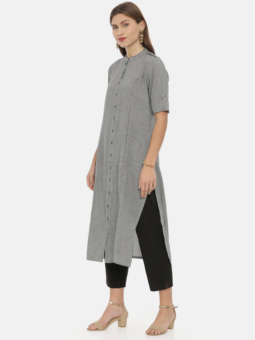 Neerus Grey cotton A-line kurta - side view