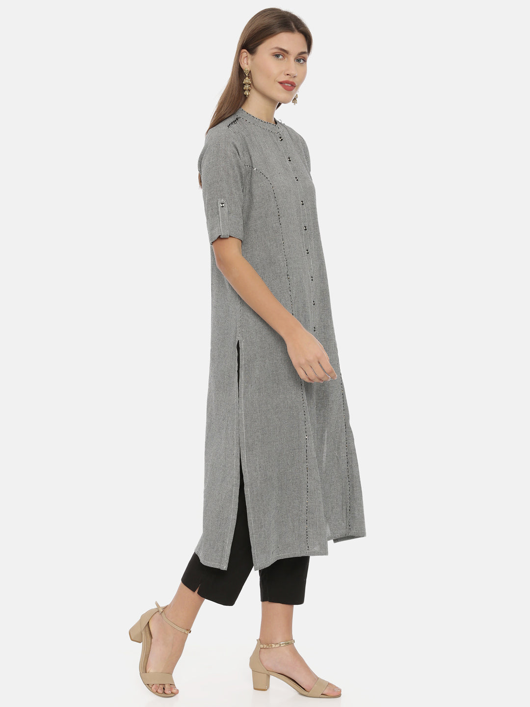 Neerus Grey cotton A-line kurta - detail view 1