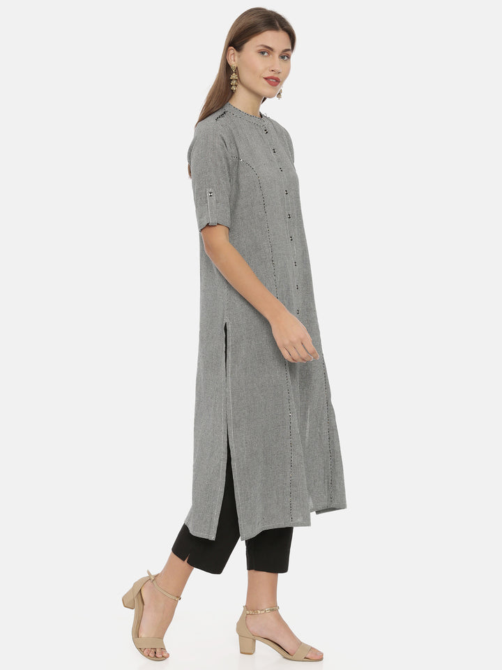 Neerus Grey cotton A-line kurta - detail view 1