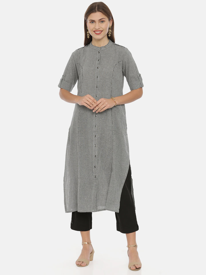 Neerus Grey cotton A-line kurta - detail view 3