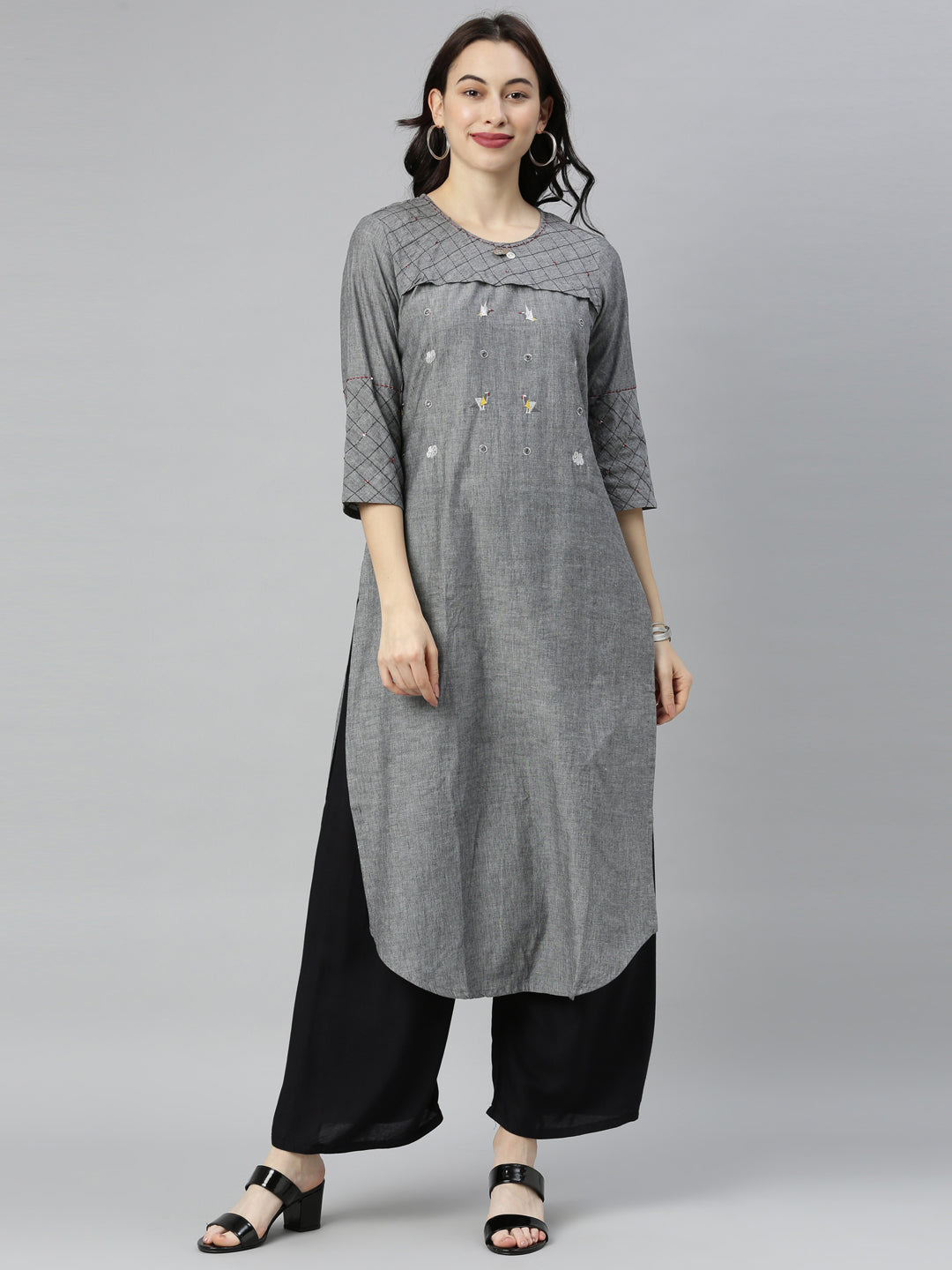 Neerus Grey embroidered high-low kurta - front view