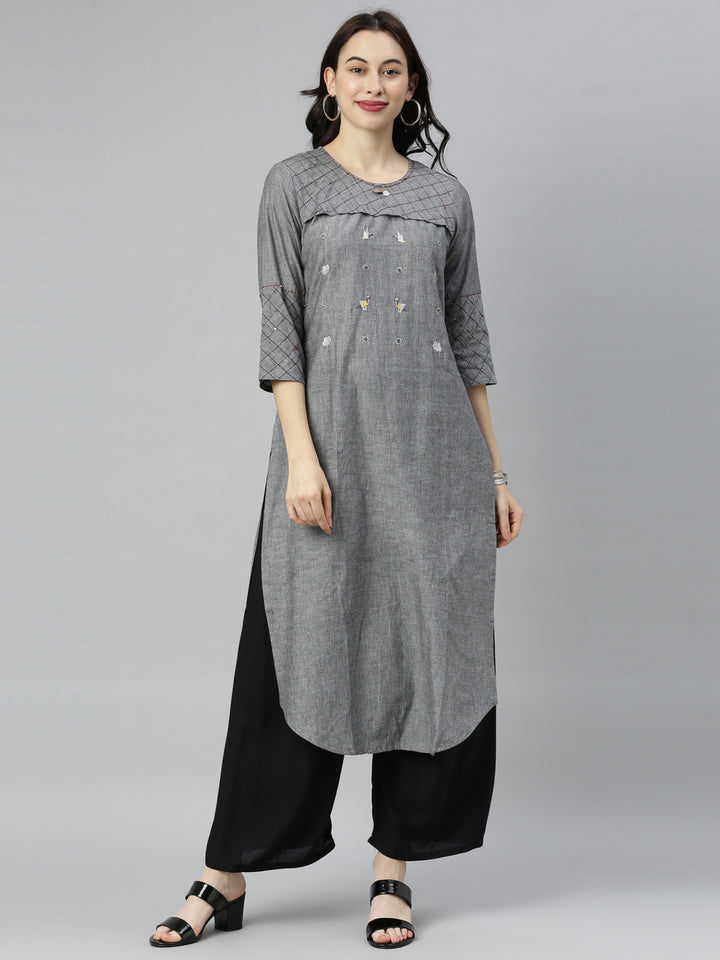 Neerus Grey embroidered high-low kurta - front view