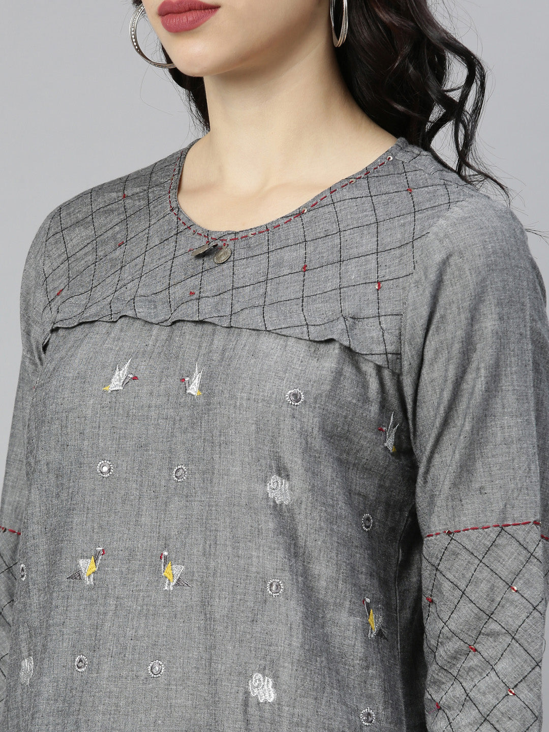 Neeru's Grey Embroidered High Low Kurta