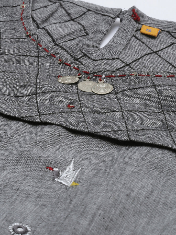 Neerus Grey embroidered high-low kurta - detail view 1