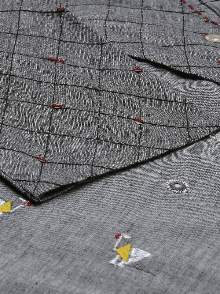Neerus Grey embroidered high-low kurta - detail view 2