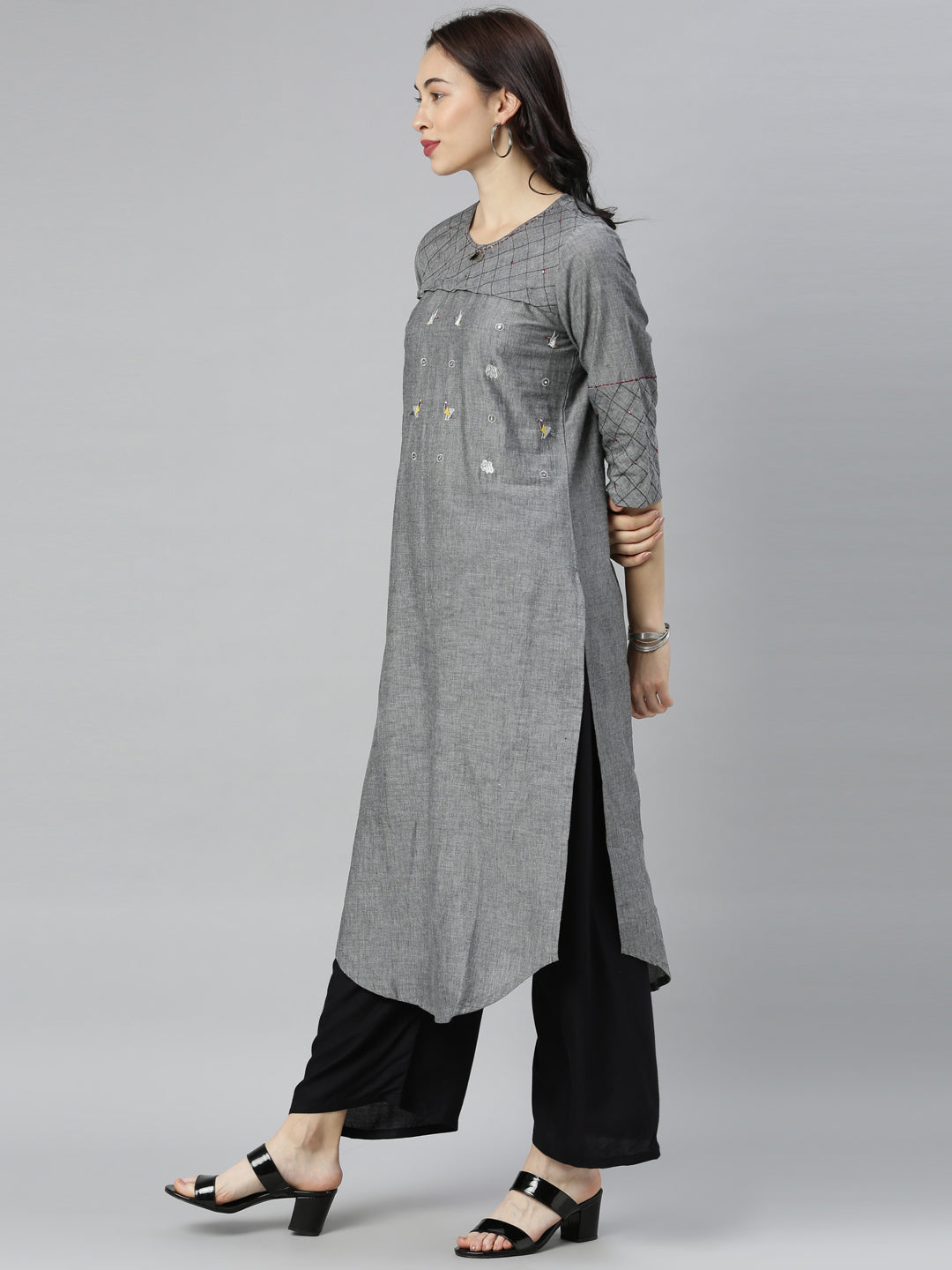 Neeru's Grey Embroidered High Low Kurta
