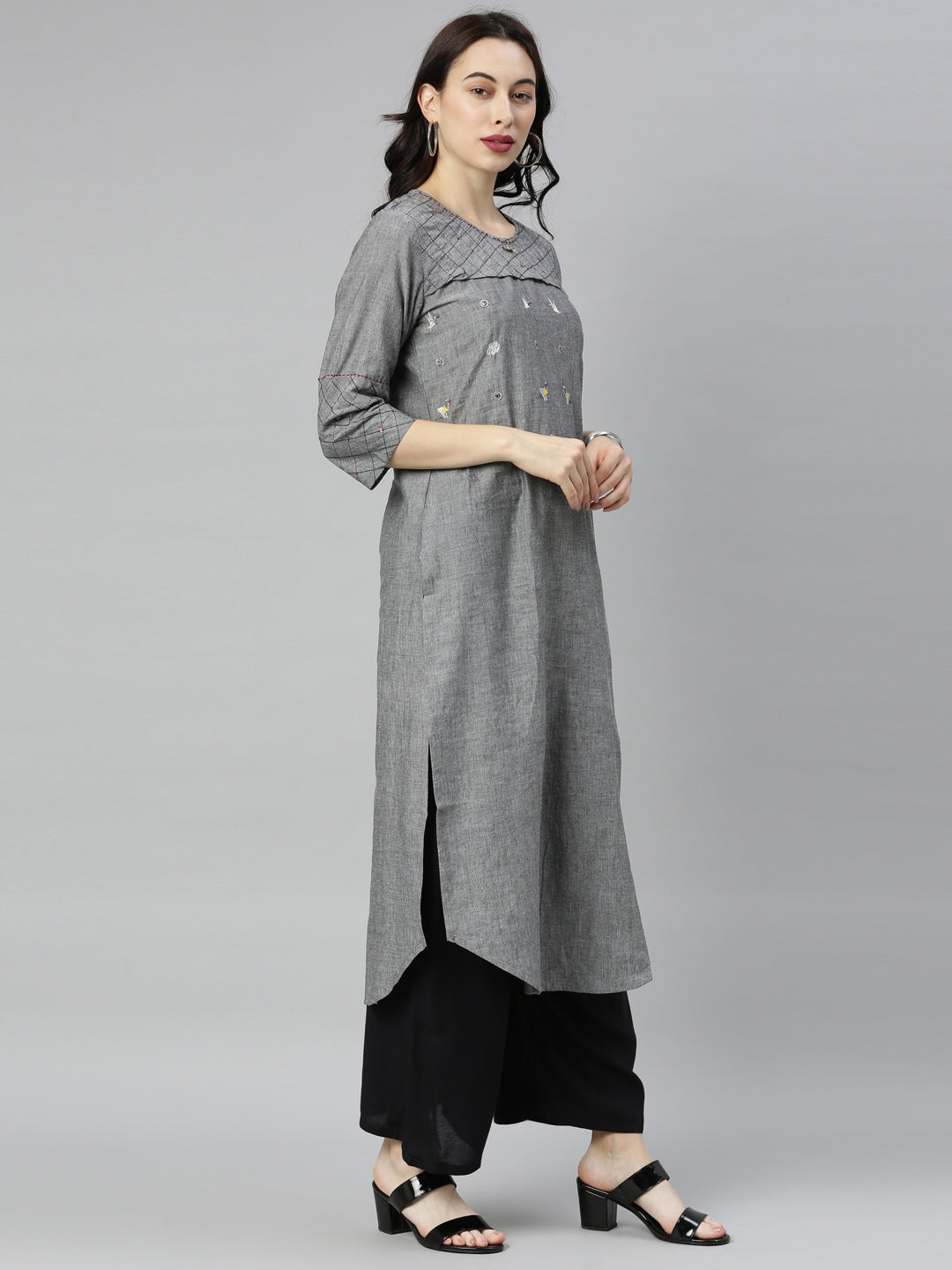 Neeru's Grey Embroidered High Low Kurta