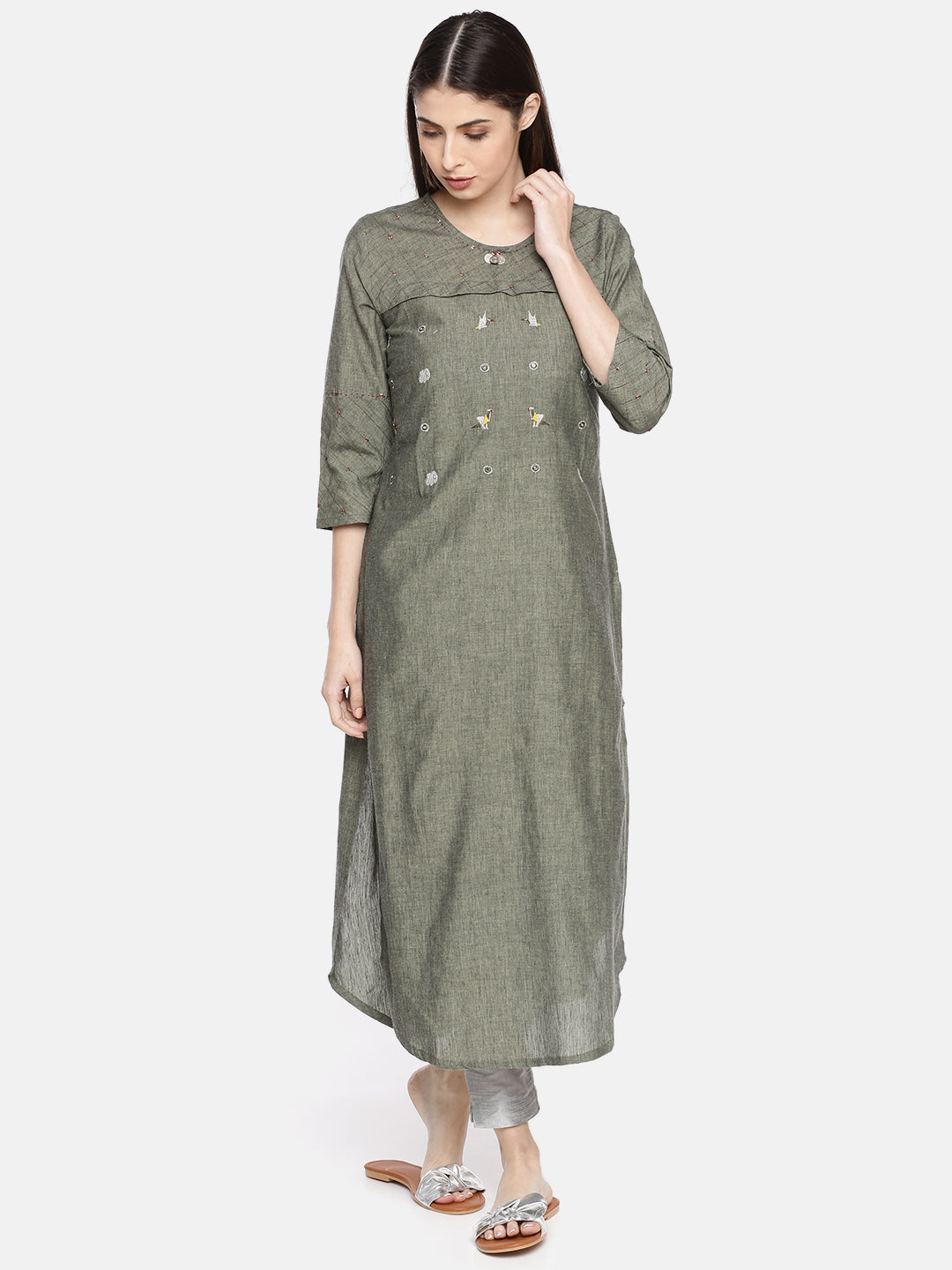 Neerus Green cotton embellished straight kurta - front view