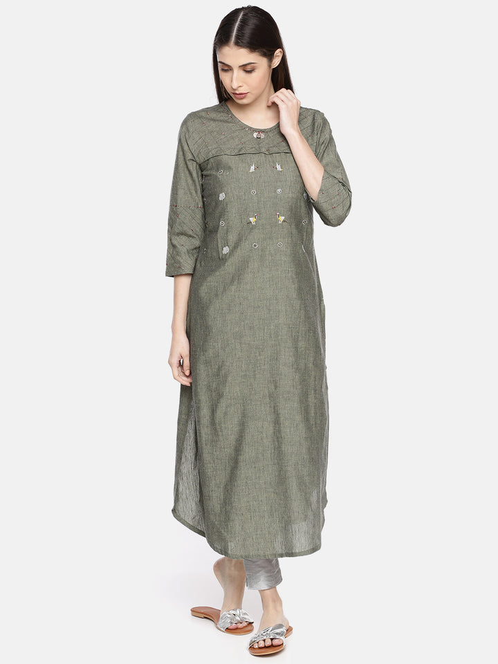 Neerus Green cotton embellished straight kurta - front view