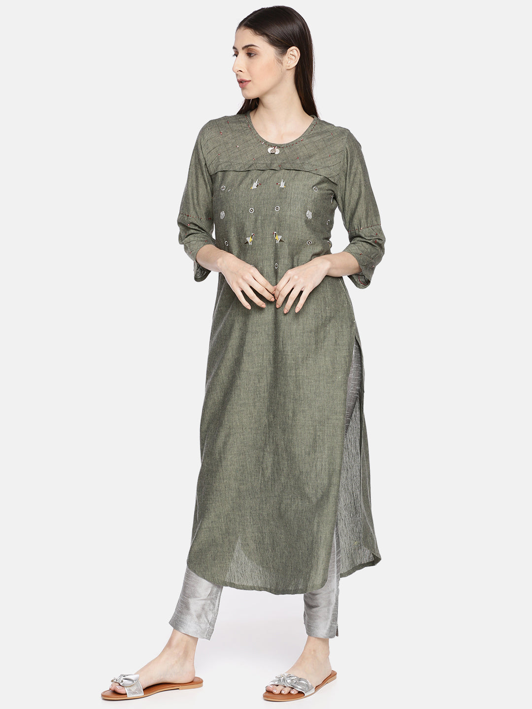 Neerus Green cotton embellished straight kurta - side view