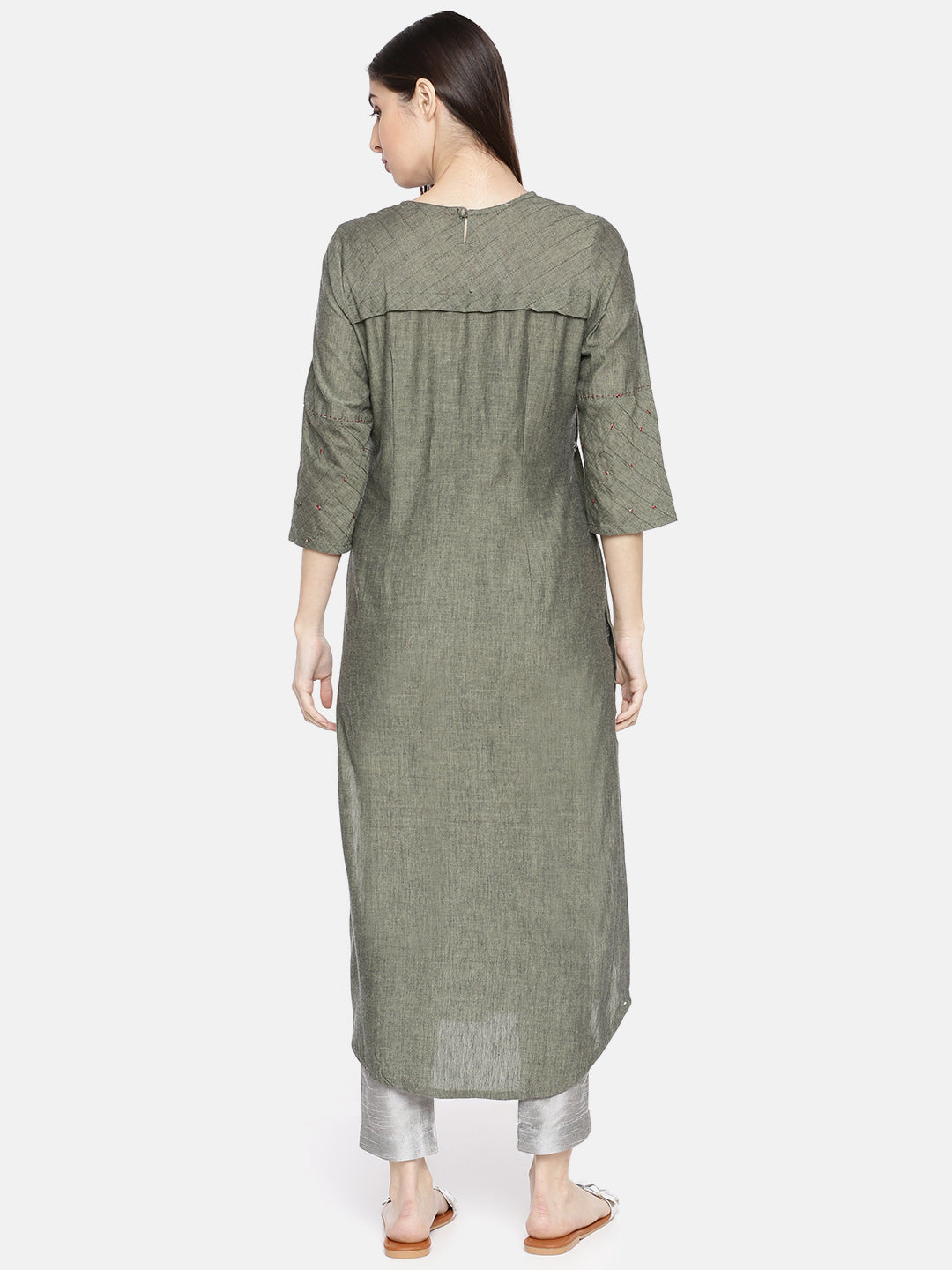 Neerus Green cotton embellished straight kurta - detail view 1