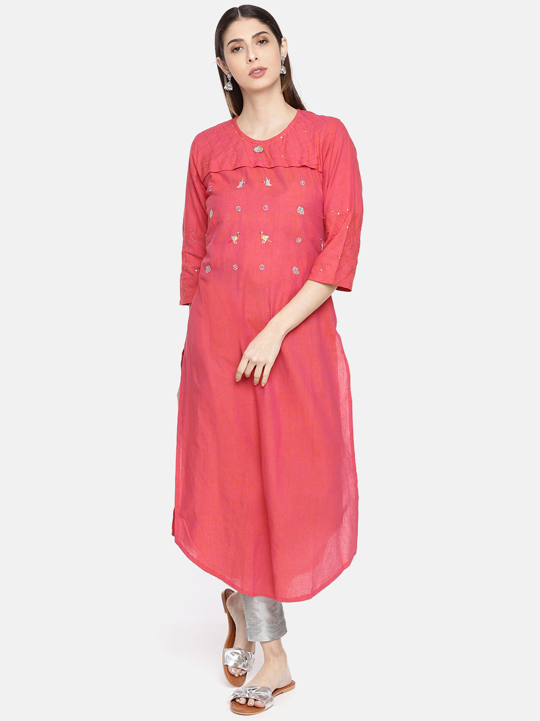 Neerus Pink Embellished A Line Kurta