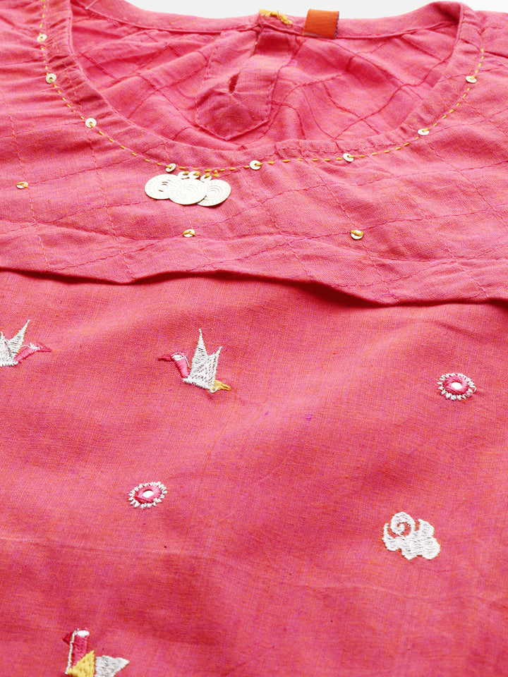 Neerus Pink Embellished A Line Kurta