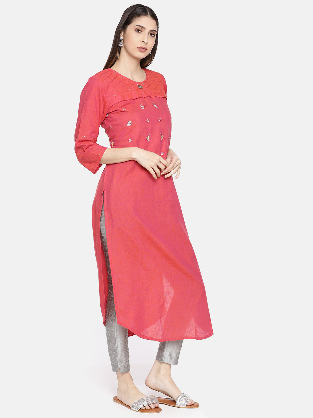 Neerus Pink Embellished A Line Kurta