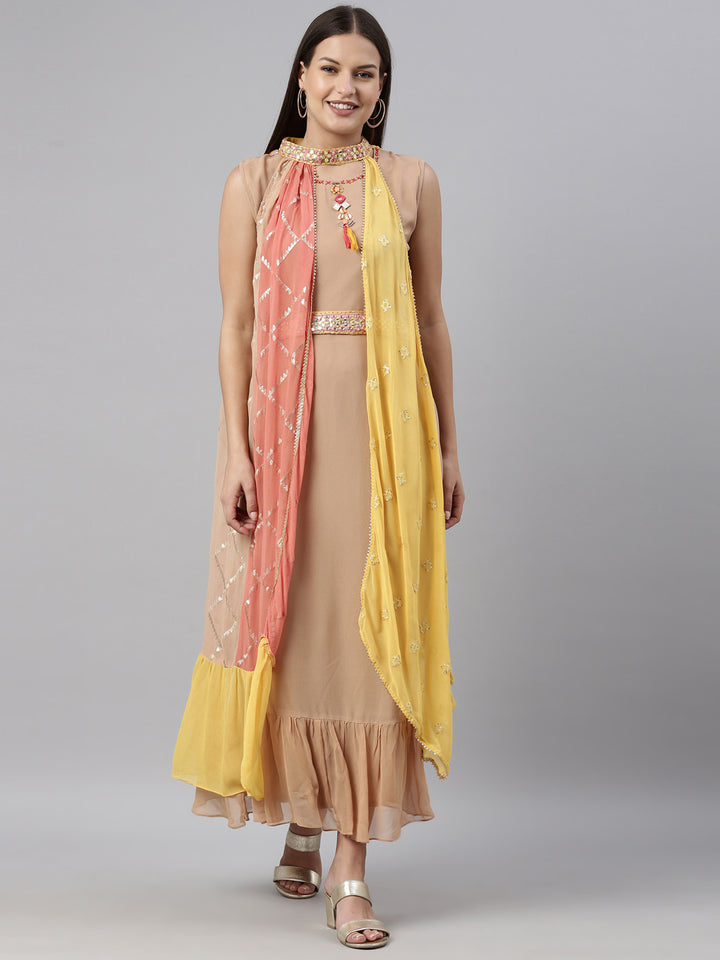 Neerus Beige Color Georgette Fabric Kurta