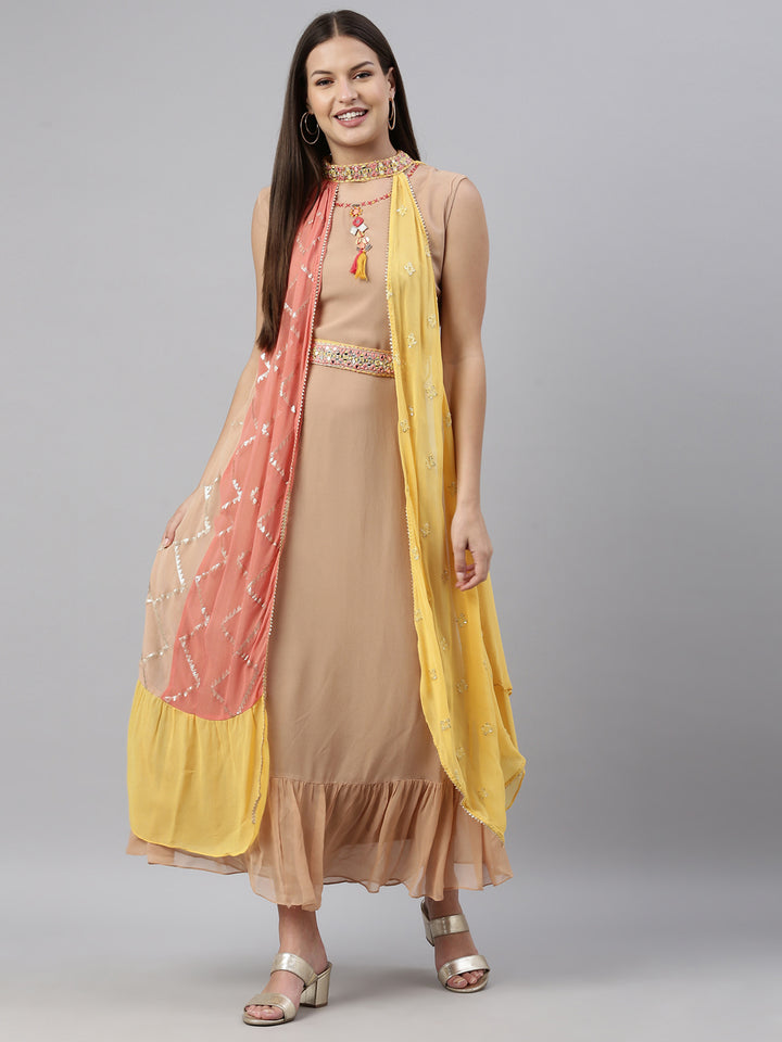 Neerus Beige Color Georgette Fabric Kurta
