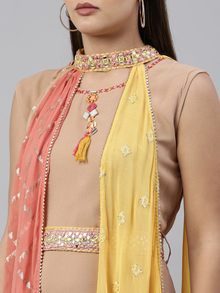 Neerus Beige Color Georgette Fabric Kurta