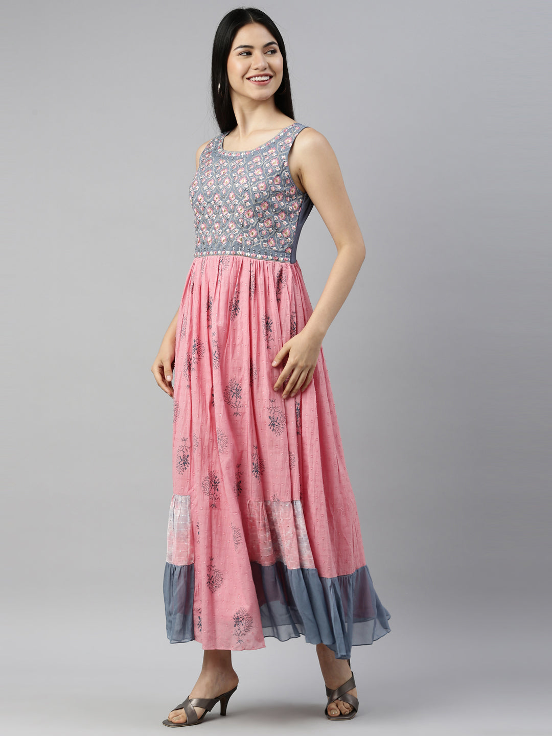 Neerus Onion Color Cotton Fabric Kurta