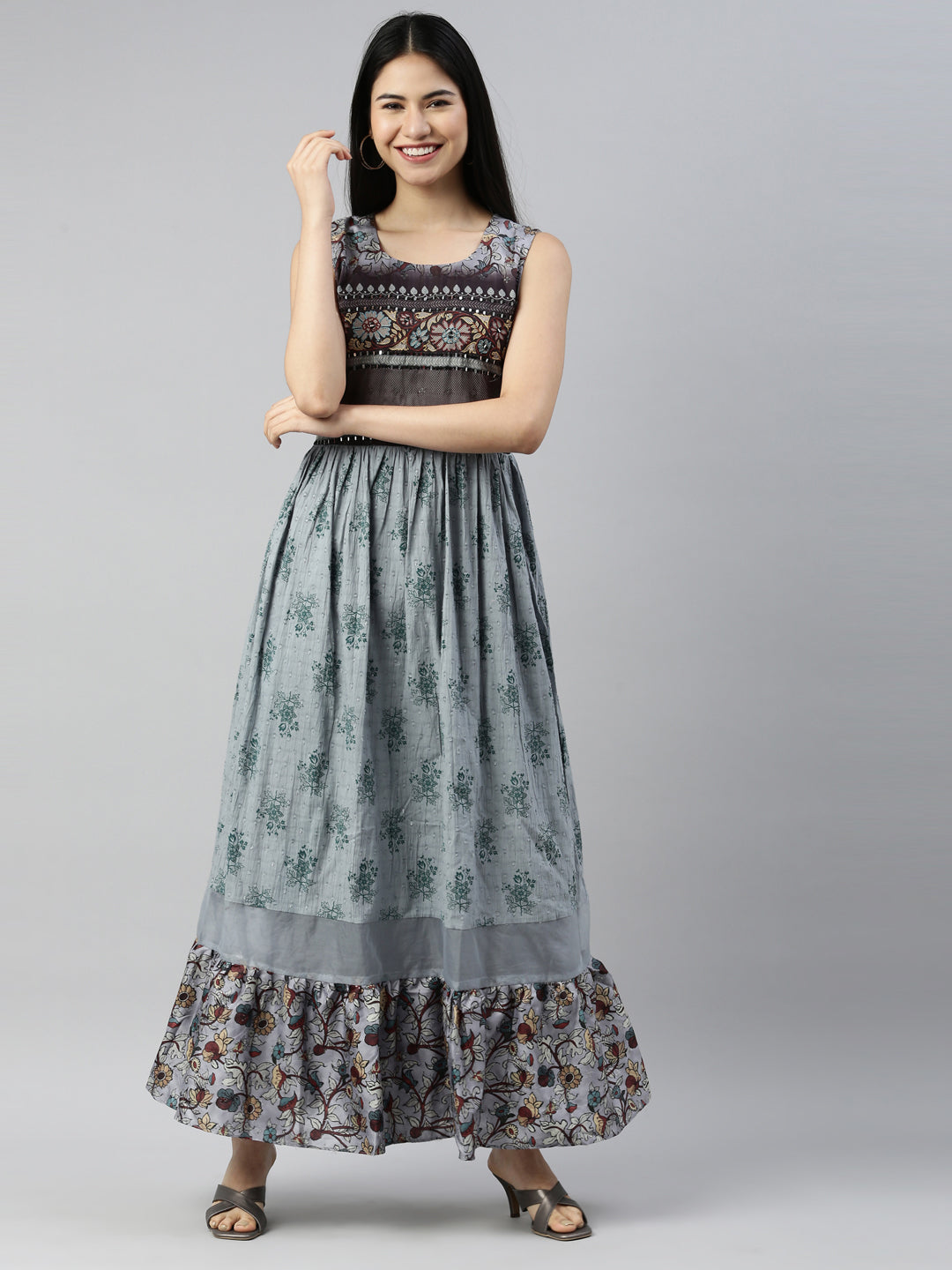 Neerus Grey cotton solid kurti - front view