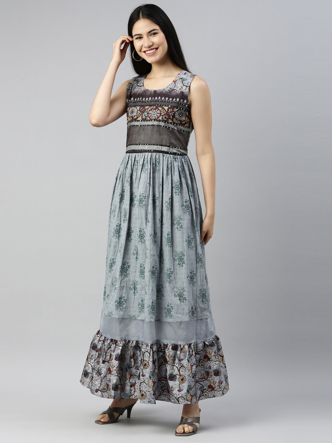 Neerus Grey cotton solid kurti - side view