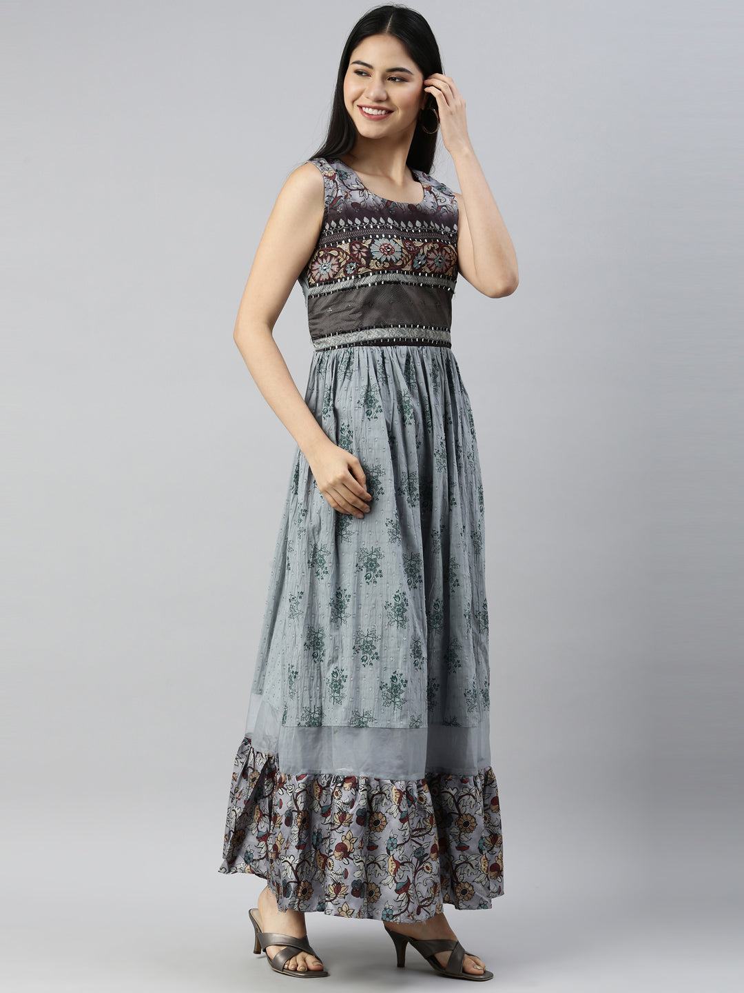Neerus Grey cotton solid kurti - detail view 1