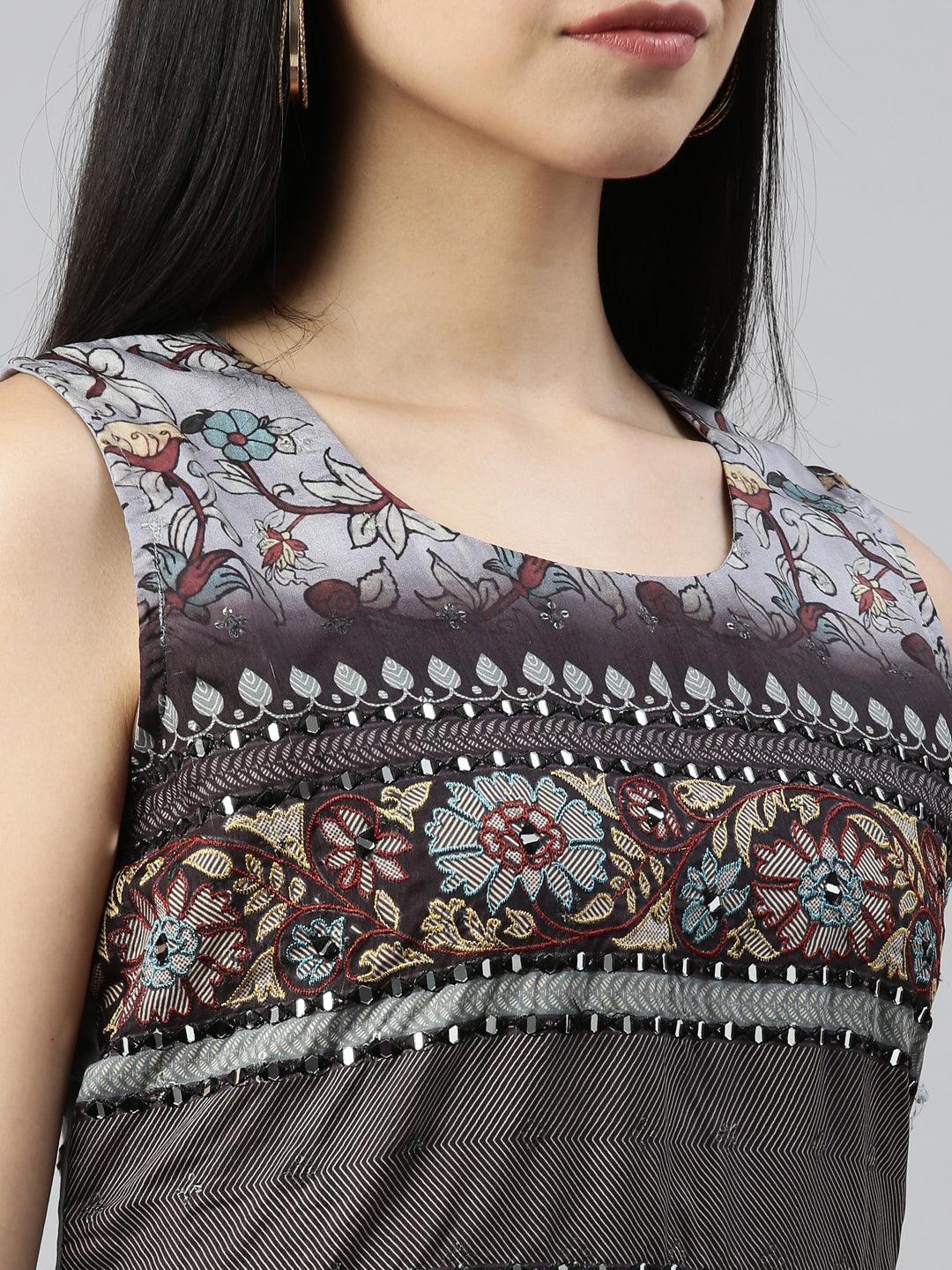 Neerus Grey cotton solid kurti - detail view 5