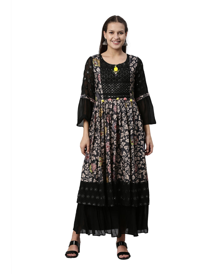 Neerus Black Color Georgette Fabric Kurta