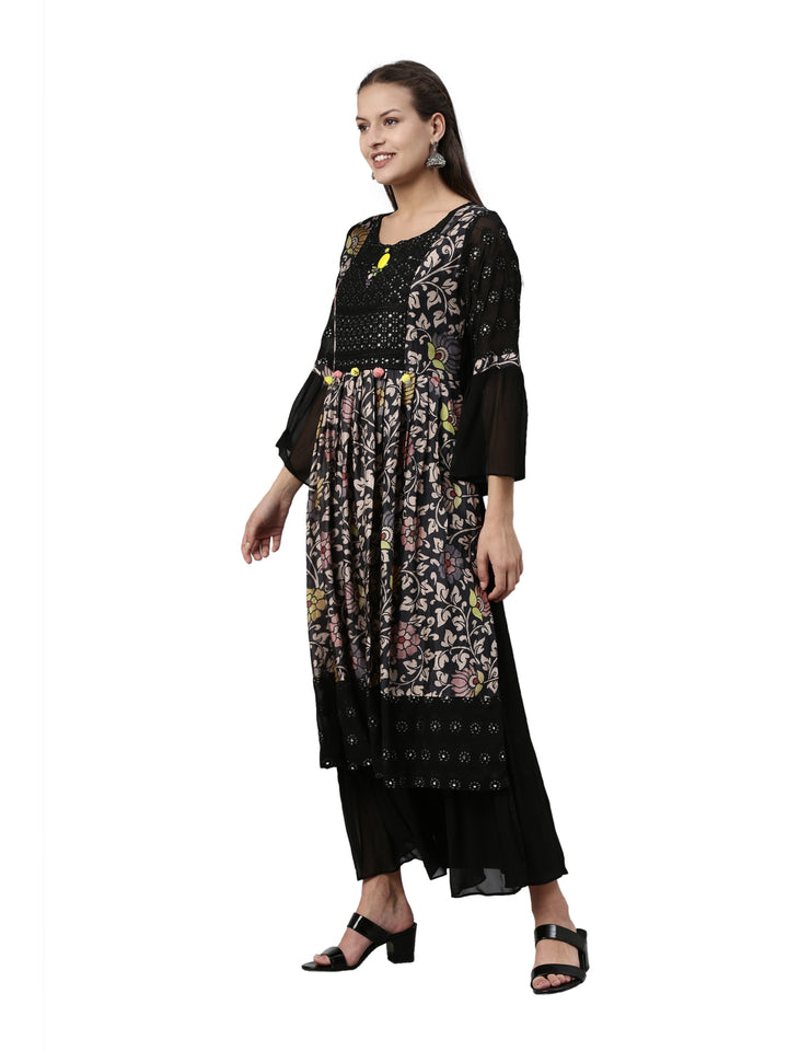Neerus Black Color Georgette Fabric Kurta