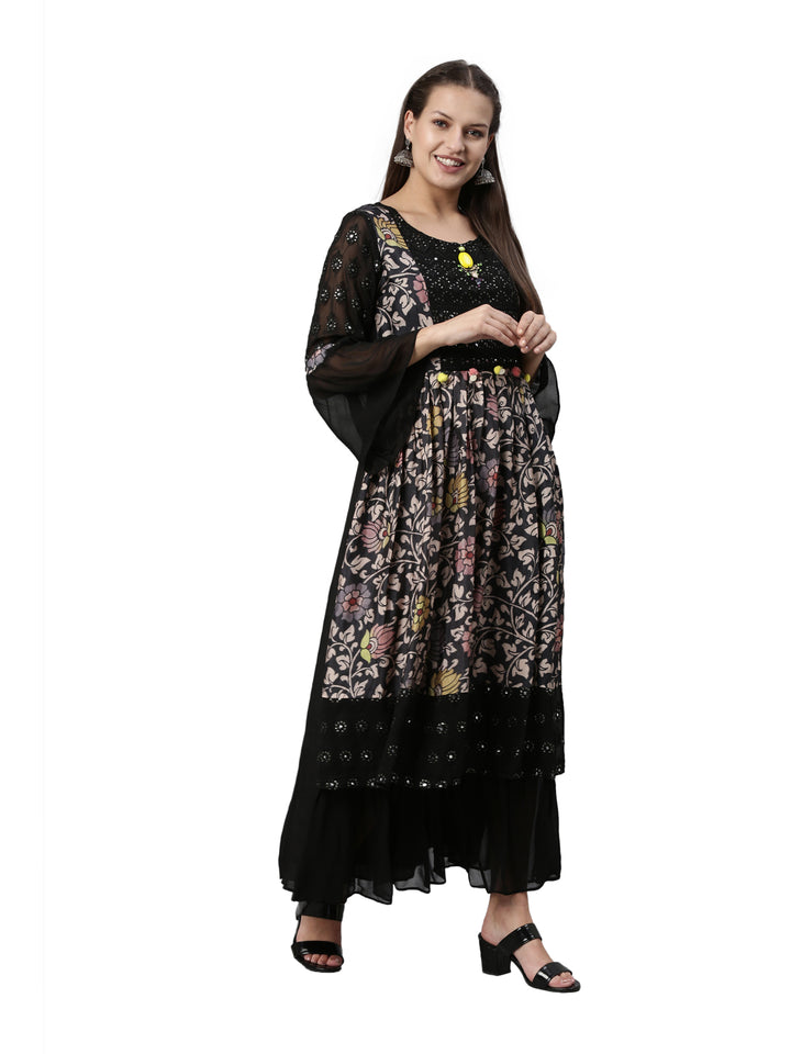 Neerus Black Color Georgette Fabric Kurta