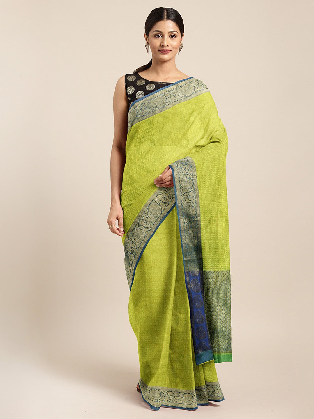 Neerus Green Color Silk Cotton Fabric Saree With Blouse Piece
