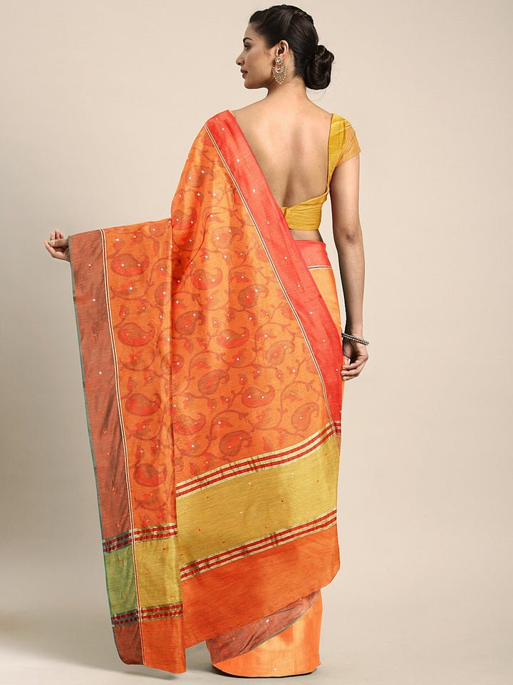 Neerus Orange Printed Saree With Blouse