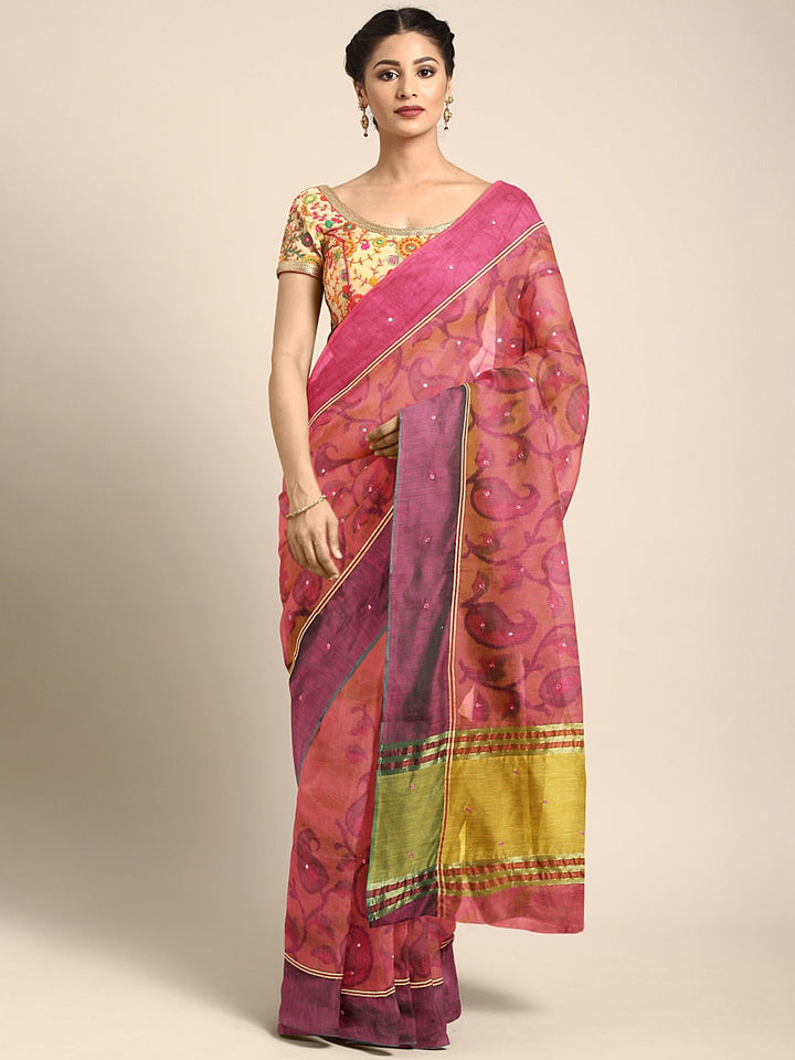 Neerus Pink silk printed saree with blouse piece - front view