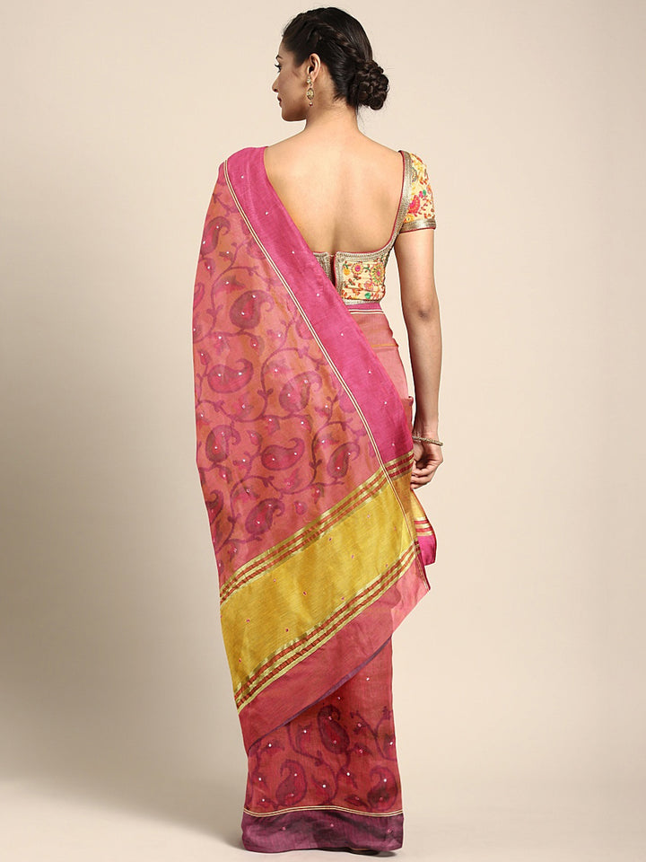 Neerus Pink silk printed saree with blouse piece - back view