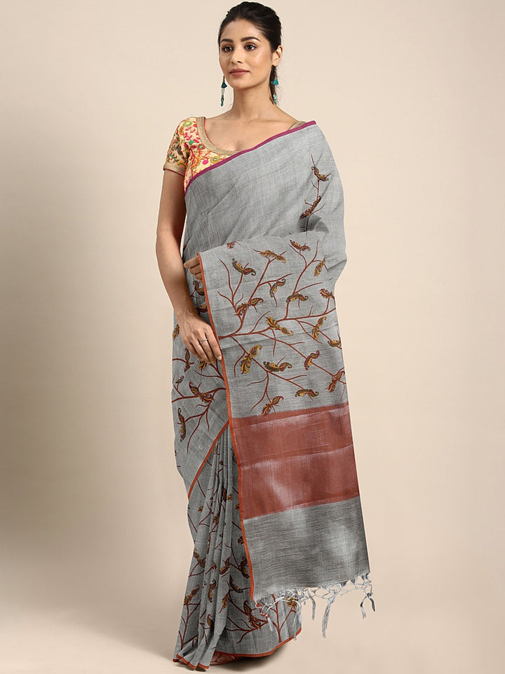Neerus Grey Printed Saree With Blouse